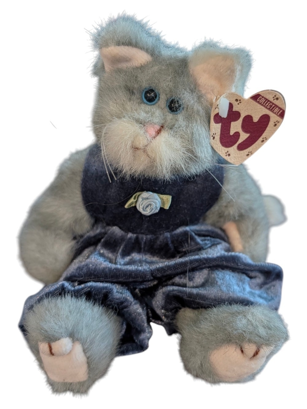 TY Attic Treasures Plush Gray Cat in Blue Velvet Outfit